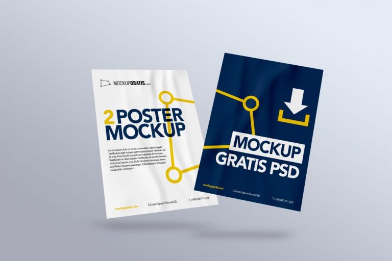 Un mockup gratis en PSD de dos carteles flotando sobre un fondo sencillo