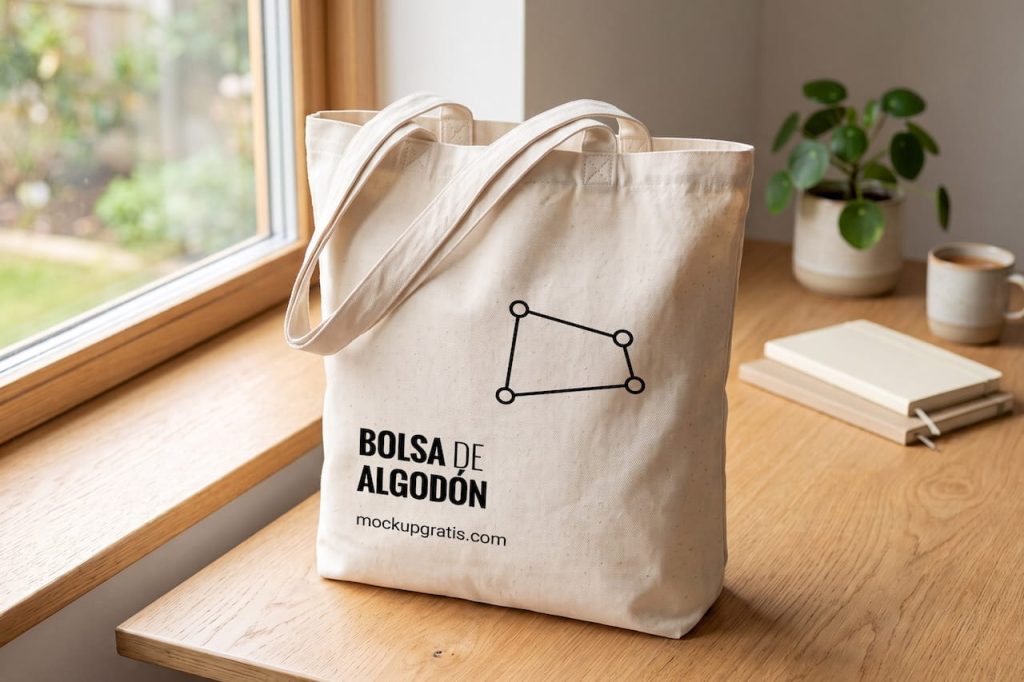 Mockup de una tote bag de lona natural sobre una mesa de madera junto a una ventana, en PSD gratis